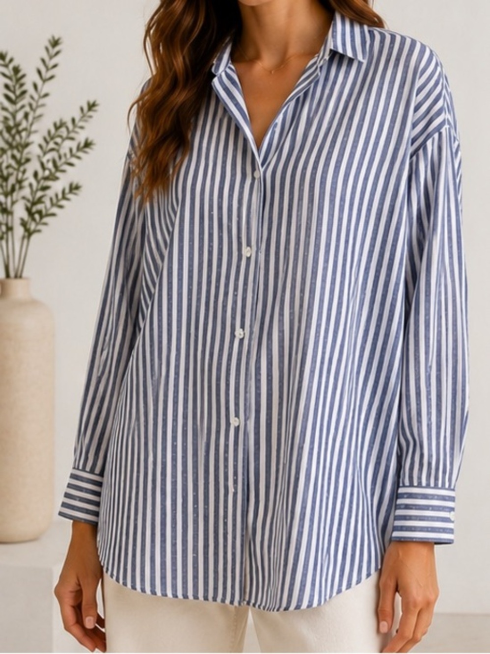 Grayson Hero Striped Blue White Minimalist Coastal Oversize Button Down Shirt
